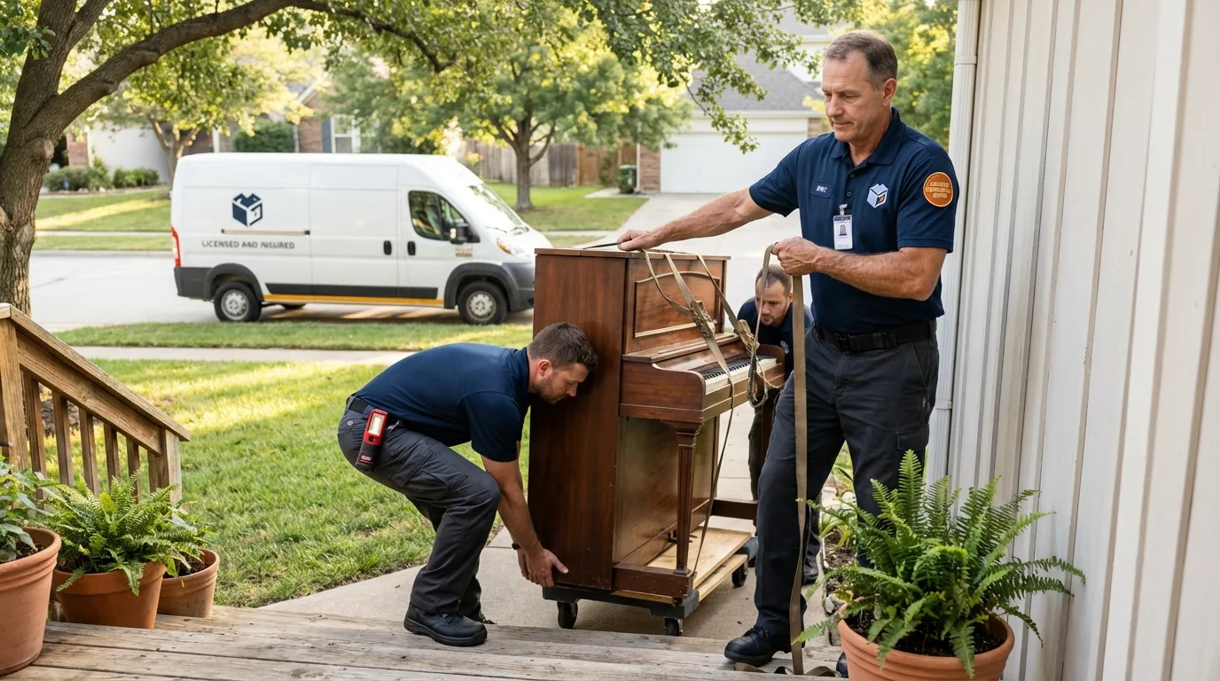 Licensed piano movers securing grand piano in Georgetown, GA